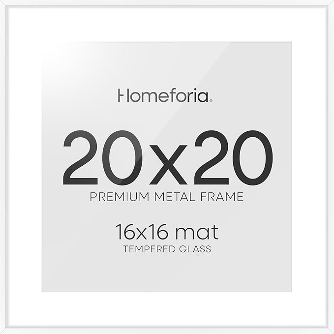 Homeforia 20x20 Picture Frame White, High End Metal 20x20 Square Poster Frame Matted to 16x16 Print, 20 x 20 White Frames with Mat 16 x 16 Photo, 20by20 Thin Frames, Tempered Glass, Wall Kit, Set of 1