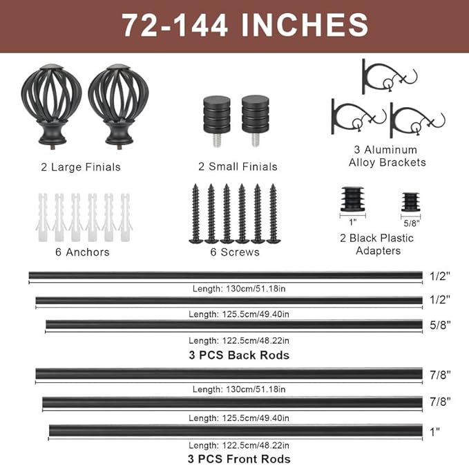Double Curtain Rods for Window 72-144", Matte Black Double Curtain Rods with Round Cage & Barrel Finials, 1-Inch Front and 5/8 Inch Back Double Drapery Rod