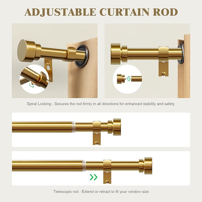 Oneach Heavy Duty Curtain Rods for Windows 48 to 84 Inch, 1 Inch Brass Gold Curtain Rod, Adjustable Length Rod with Metal Finials, Modern Decorative for Bedroom Kitchen Living Room (16 to 88 Inch)