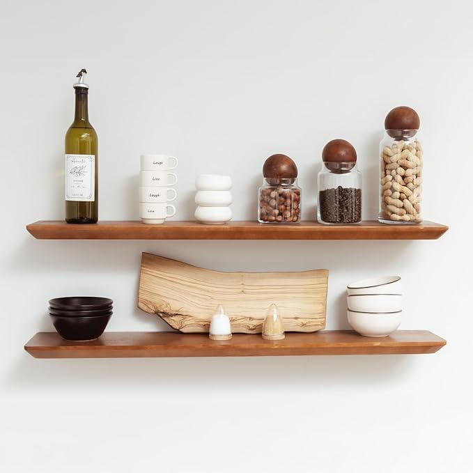 Solid Pine Wood Floating Shelves - Bathroom & Bedroom/Living Room - Set of 2 (Walnut Color) - 36x6.7x1.2 inch