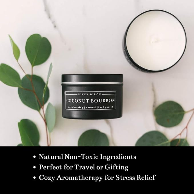 River Birch Candles Coconut Bourbon Scented Candle | Premium, All-Natural, Non-Toxic, Soy Candles | 8 oz. Black Matte Tin Travel Candle | Cozy Relaxing Gifts for Home
