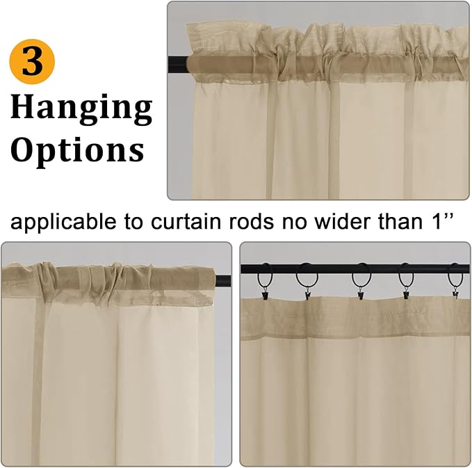 Gwine Taupe Sheer Kitchen Curtains 36 Inch Length, Light Filtering Voile Soft Airy Small Cafe Curtains, Short Window Curtain for Bathroom Basement, 42x36 inch, 2PCS