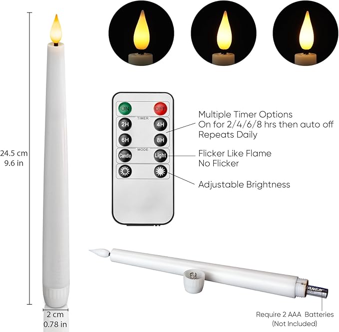 Homemory 6 Pcs Waxy Flameless Taper Candles with Remote, Led Candlesticks Classic Tall Candle, Flickering Battery Operated Taper Candles for Bedroom, Dining Room, White, 9.6 inches