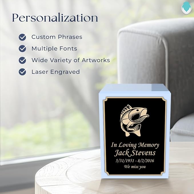 GetUrns Custom Fishing Small Urn Box for Human Ashes I Personalized Wooden Keepsake Cremation Urn for Male or Female I Light Blue Memorial Box I 40lbs