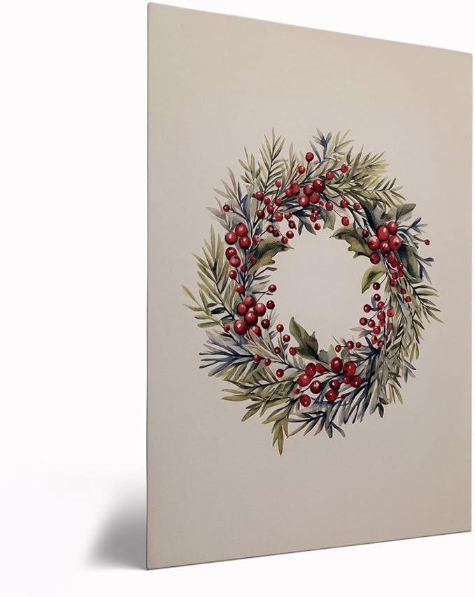 Festive Holiday Decor Vintage Christmas Wreath Drawing Print Poster, Old Fashion Rustic Wall Art, Fireplace Farmhouse Home Decor 16x24inch Framed Art