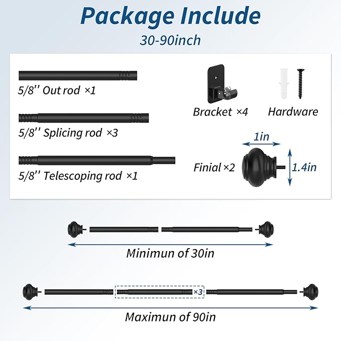 Black Curtain Rod for Windows 48 to 84 Inches,5/8 Inch Diameter Small Curtain Rods Set with Adhesive Bracket,Renter Friendly Adjustable Curtain Rods for Bedroom (30 to 90)