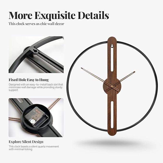 Cuspin 20 Inch Wall Clock Battery Operated for Living Room Decor, Modern Minimalist Wood Wall Clock Silent Non Ticking Metal Frame Decorative Clock for Office, Bedroom, Kitchen