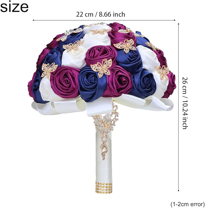 Handmade Floral Satin Rose Butterfly Shape Rhinestone Bridal Bouquet Luxury Golden Rhinestone Artificial Flowers for Wedding