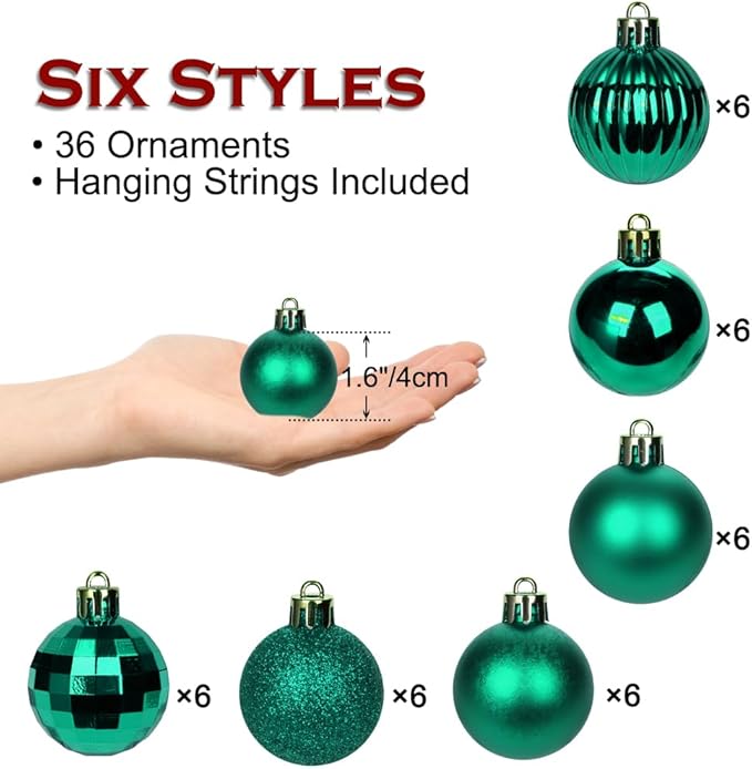 1.57" Emerald Green Christmas Ornaments for Christmas Tree 36 Pcs Mini Shatterproof Balls Christmas Tree Decorations Small Xmas Ornaments Balls with Hanging Loop for Holiday Party Wreath Home Decor