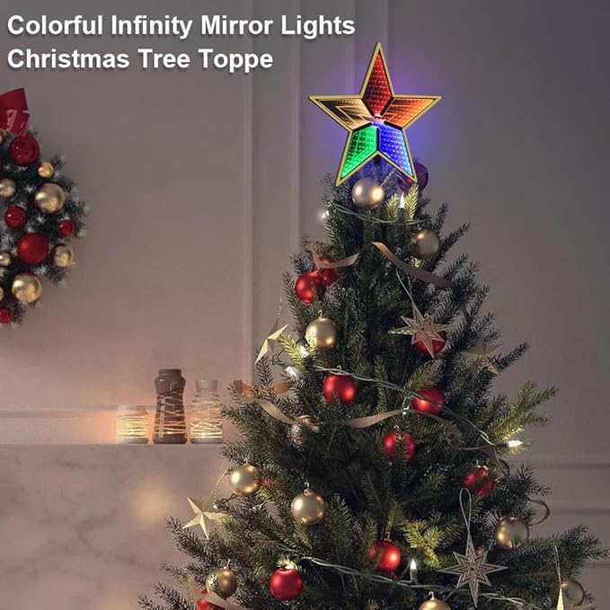 MEETYAMOR Christmas Tree Topper, 11 Inches 130 LEDs Lighted Gold 5-Point Star Tree Topper, 3D Infinity Mirror Colorful Lights Sparkling Treetop Christmas Decorations, Winter Xmas Decor Indoor Home