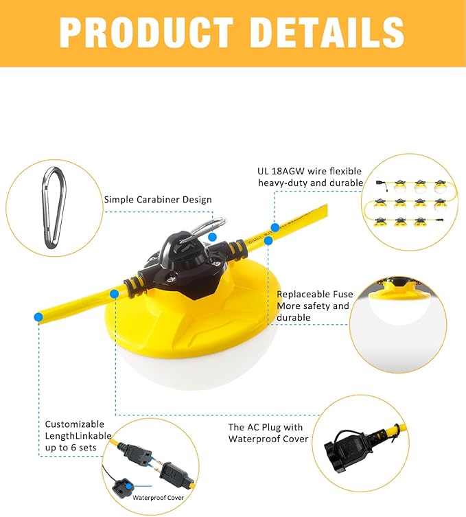 100FT Construction String Light 130W 16000Lm, 5000K Industrial Grade LED String Work lights, IP65 Waterproof Temporary Lighting for Construction Sites, Renovation, Mine Cave, Job Site, Walkways