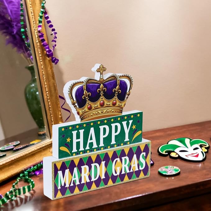 MEETYAMOR Mardi Gras Decorations, Wood Block Crown HAPPY MARDI GRAS Sign Table Decor, Glitter 3-Layered Wooden Mardi Gras Centerpieces for Tables Party Home Room Tiered Tray Shelf Tabletop Mantel