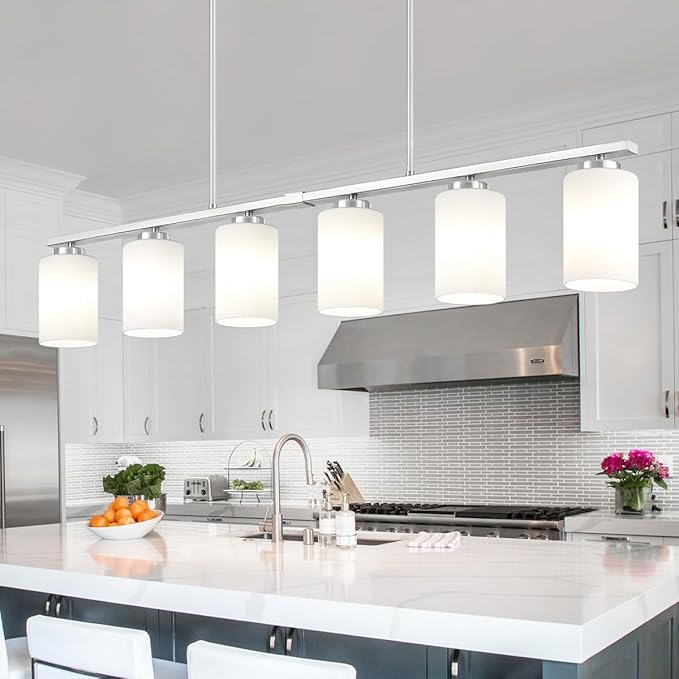 6-Light Kitchen Island Lighting, Brushed Nickel Dining Room Light Fixtures Over Table, Modern Farmhouse Chandeliers with Milky Glass Shade Pendant Light for Dining Room Kitchen Island