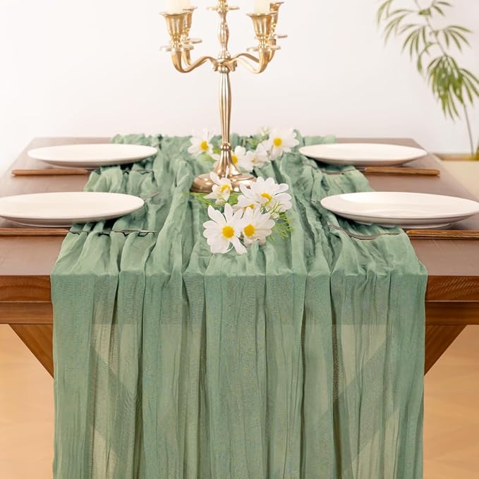 Socomi 6pcs Sage Green Cheesecloth Table Runner Valentine's Day Boho Rustic Gauze 120 inch 10FT Cheese Cloth Runner for Wedding Party Baby Shower Home Decor Holiday Decorations