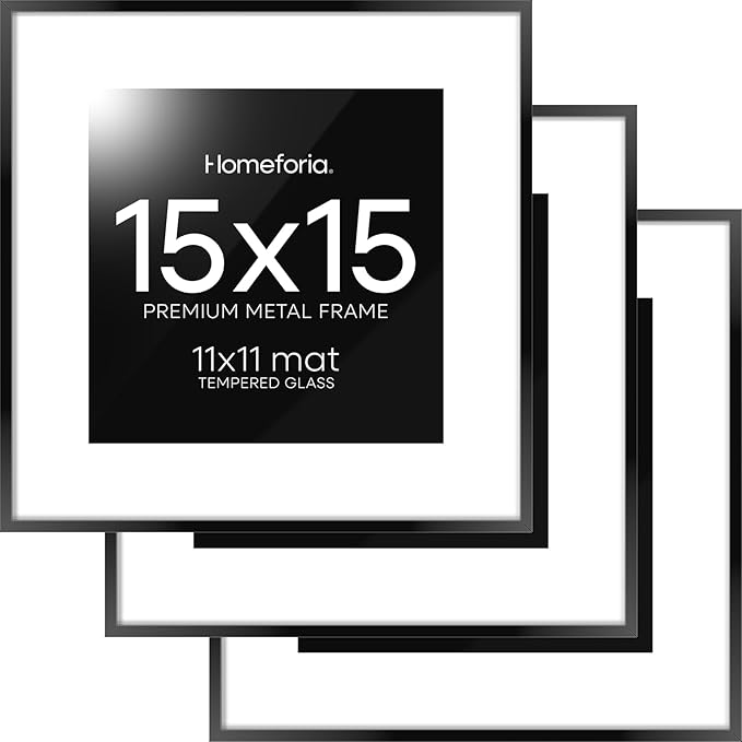 Homeforia 15x15 Picture Frame Black, High End Metal 15 x 15 Square Poster Frames with Mat 11 x 11 Photo, 15x15 Black Frame Matted to 11x11 Print, 15by15 Thin Frames, Tempered Glass, Wall Kit, Set of 3