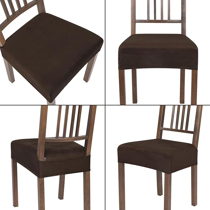 SearchI Stretch Dining Chair Seat Covers Set of 6, Soft Removable Washable Seat Covers for Dining Chairs, Dining Room Seat Cover Protector (Rear-Covered, Velvet Brown)