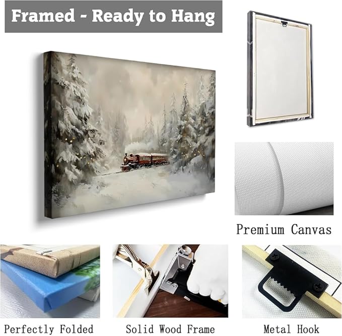 Christmas Train Oil Painting Wall Art - Rustic Winter Farmhouse Scene Poster Print for Bedroom Office Decor - 12x16 Inch Framed