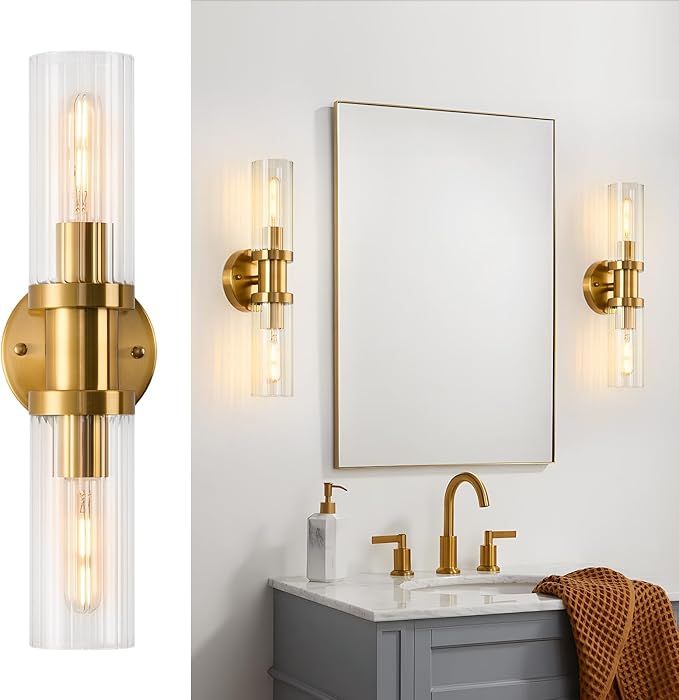 Gold Wall Sconces, 18.2 inch Modern Wall Sconces Lighting with Stripped Glass Shade, 2-Light Inch Gold Vanity Light Wall Lamp for Mirror Bathroom Kitchen Living Room