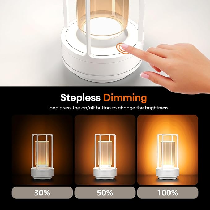 Portable Metal Table Lamp for Indoor/Outdoor ,Rechargeable Cordless LED Lamp, 3-Colour Infinitely Dimming Battery Powered Small Desk Lamp, Restaurant/Bedroom/Bar/Coffee/Camping Light (White Set of 2)