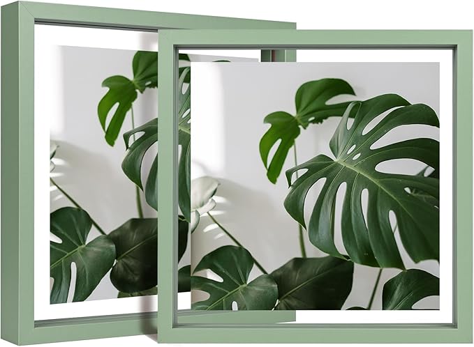 Egofine 8x8 Floating Frames Set of 2, Double Plexiglass Picture Frame, Made of Solid Wood Display Any Size Photo up to 8x8, Wall Mount or Tabletop Standing, Green
