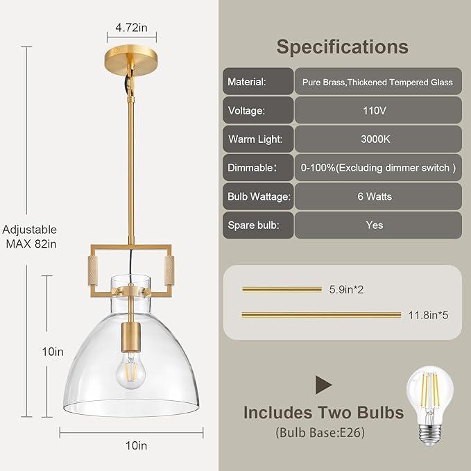 Mondern Large Gold Kitchen Island Pendant Light, 10 '' W 1-Light Glass and Brass Island Pendant Lights,Farmhouses Pendant Light, for Kitchen,Dining Room,Bathroom