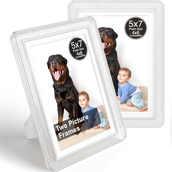 Crystal 5x7 Picture Frame with Acrylic Front 2 Pack, ABS Frame for 5x7 or 4x7 Photos, Shatterproof UV-Resistant Tabletop Photo Frame, Vertical/Horizontal Display for Home Décor
