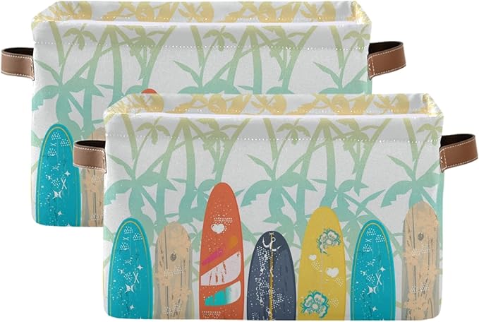susiyo Large Foldable Storage Bin Palm Trees Surf Boards Fabric Storage Baskets Collapsible Decorative Baskets Organizing Basket Bin with PU Handles for Shelves Home Closet Bedroom Living Room-2Pack