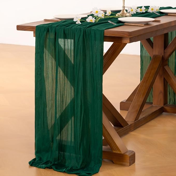 Socomi 6pcs Emerald Green Cheesecloth Table Runner Valentine's Day Boho Rustic Gauze 120 inch 10FT Cheese Cloth Runner for Wedding Party Baby Shower Birthday Home Decor Holiday Decorations