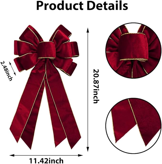 Large Vintage Dark Red Wreath Bow - 20 * 11inch Golden Edged Red Velvet Tree Topper Ornament for Xmas Home Outdoor Indoor Party