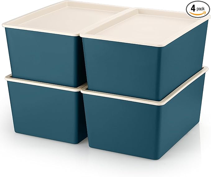 Menkxi 4 Pcs Storage Bins with Lids Plastic Stackable Containers for Organizing Shelves Christmas Ornament Box Baskets(Blue,Large)