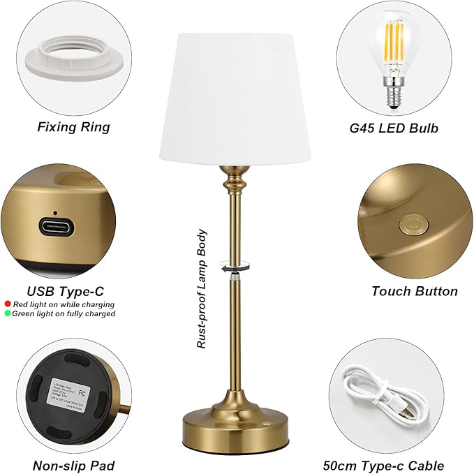 Cordless Table Lamp Rechargeable Gold - 1 Pack Brass 4000mAH Battery Operated Lamp for Decor, 3000K Stepless Dimming Touch Control Wireless Lamp for Bedroom, Dining Table, Counter, Living Room
