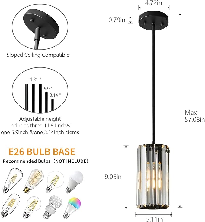 Black Pendant Lighting Modern Pendant Light Mini Crystal Chandeliers Adjustable Pendant Light Fixture for Kitchen Island Dinning Room Corridor Bedroom(Black 3-Pack)