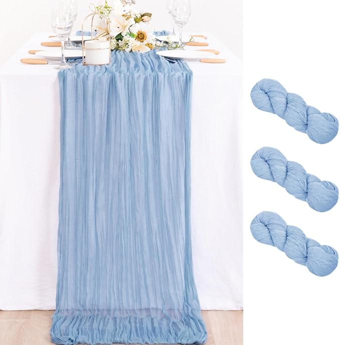 MLMC 3 Pack Dusty Blue Table Runner 10ft Boho Gauze Cheesecloth Valentines Table Runner Bulk 35x120 Inches Rustic Cheese Cloth Decor for Wedding Bridal Shower Baby Shower Party Decor