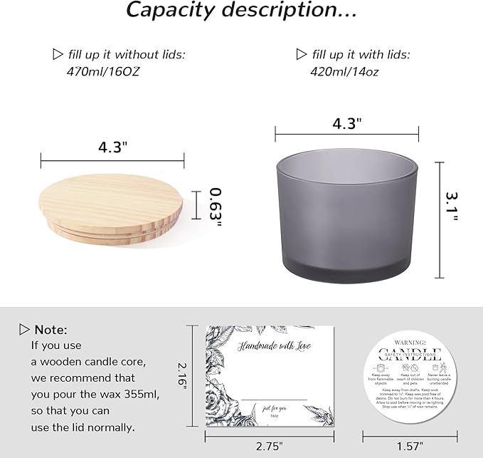 6 Pack Glass Candle Jars with Lids (16oz, Frosted Grey) - Large Candle Jars for 3 Wick Candles Making - Empty Candle Jars Containers - Candle Making Accessories include 16Pcs Candle Labels