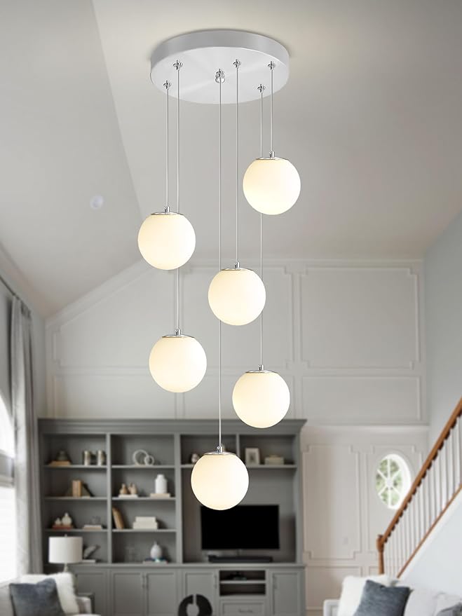 6-Light Silver Chandelier with White Globe Glass Dimmable Ceiling Light Glass Pendant Light for Kitchen Island, Dining Room, Living Room, Entry Hallway, LED Bulbs Included