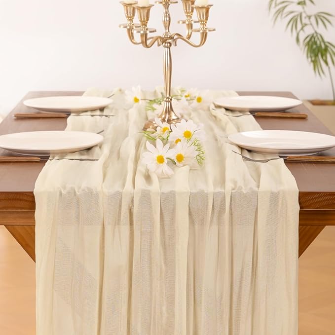 Socomi 3pcs Beige Valentine's Day Cheesecloth Table Runner Boho Rustic Gauze 120 inch 10FT Cheese Cloth Runner for Wedding Party Baby Shower Birthday Home Decor Holiday Decorations