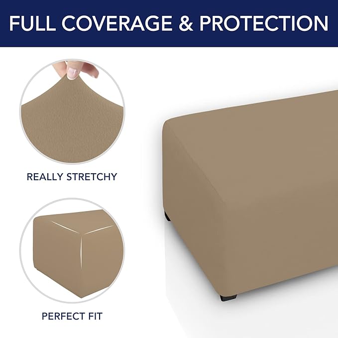 PureFit Super Stretch Soft Form Fit Ottoman Cover Rectangle - Ottoman Slipcovers for Foot Stool & Folding Storage Furniture for Living Room with Nonslip Elastic Bottom (Small, Camel)