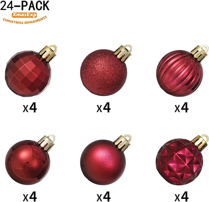 XmasExp 24ct Christmas Ball Ornaments Shatterproof Christmas Ornaments Set Decorations for Xmas Tree Balls(1.57''/40mm, Burgundy)