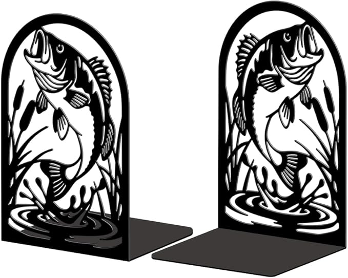 Peacoblue Metal Bookends for Shelves, Modern Decorative Heavy Duty Study Book Ends Stoppers for Office, Desk, Shelf, Room 5.3"x4.3"x7.9" Cast Iron Simple Tall Bookends 1 Pair (Fish)