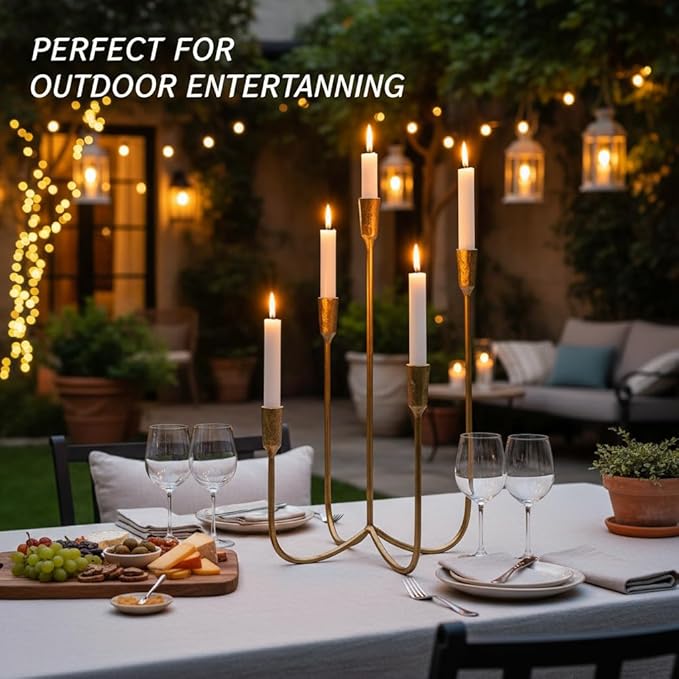 Candelabra for 5 Taper Candles – Hand-Forged Candle Holder with Elegant Vintage Finish – Decorative Centerpiece for Dining Room, Living Room or Mantel Decor（Brass Color-Straight）