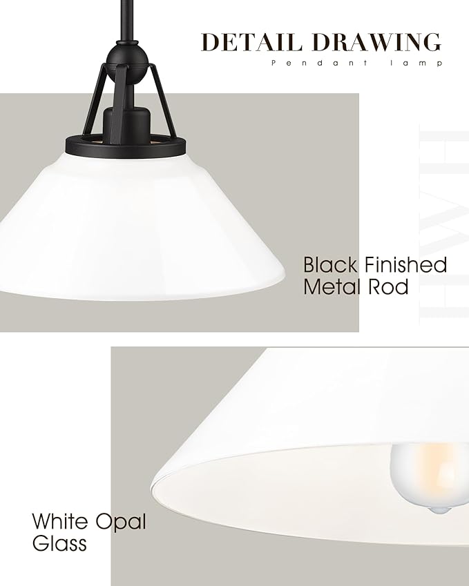 White Pendant Light Fixture, HWH Modern Kitchen Island Light Fixtures 12 Inch, 1-Light Hanging Lighting for Dinning Room Schoolhouse, Black Metal and White Opal Glass Shade, 5HYS89MIL-G BK