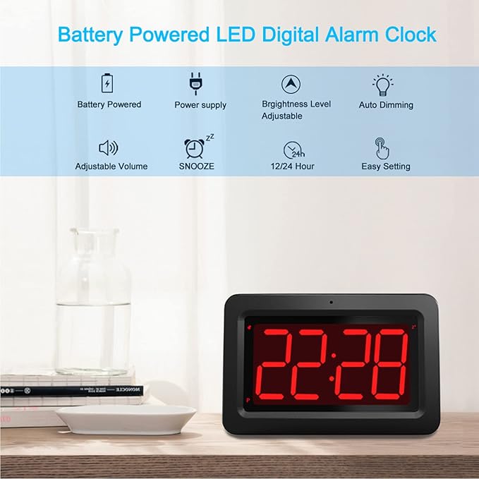 Digital Wall Clock, 3,2'' Led Large Display Alarm Clock, 2-Level auto dimming, 2 Ways of Power (USB or Battery), 2 D Cell Batteries Last About 12 Months，for Bedroom