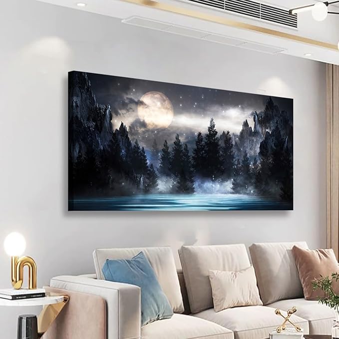 Mountain Moon Pictures Canvas Wall Art for Living room Office Bedroom Wall Decor,Moon Wall Art Print Paintings Modern Forest Nature Blue Lake Artwork Waterproof Ready to Hang-24X48 inch