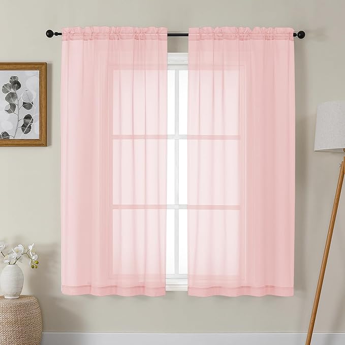 Gwine Blush Pink Sheer Curtains 63 Inch Length for Living Room 2 Panels, Light Filtering Rod Pocket Window Curtain Treatment for Bedroom, Voile Elegant Sheer Drapes，Each 42" Wx63 L, Blush Pink