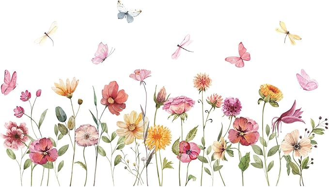 Watercolor Garden Flower Wall Decals, Peel and Stick Creative Colorful Butterfly Floral Wall Stickers, Multicolor Wildflower Wall Decor for Girls Room Nursery Bedroom Window