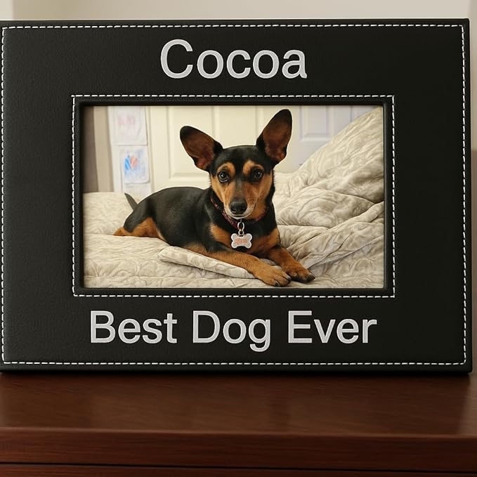 CustomGiftsNow Personalized Add Your Custom Text Engraved Leatherette Faux Leather Hanging/Tabletop Personalized Group Family Photo Picture Frame (Black, 4x6-inch Horizontal)