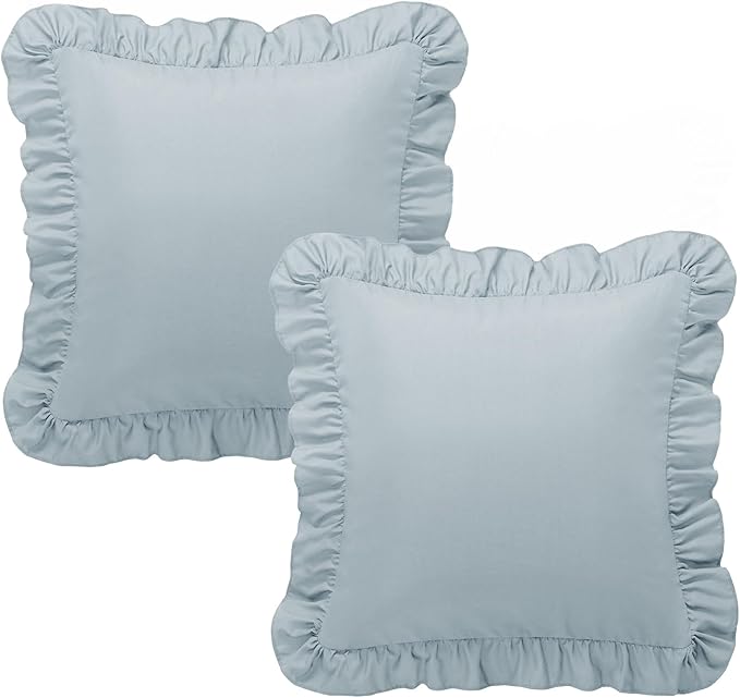 KKJIAF Ruffle Pillow Cases 18x18 Inches, Dusty Blue Square Ruffled Pillow Covers Set of 2, Microfiber Wrinkle Resistant Pillow Shams with Envelope Closure for Sofa Bed Living Room