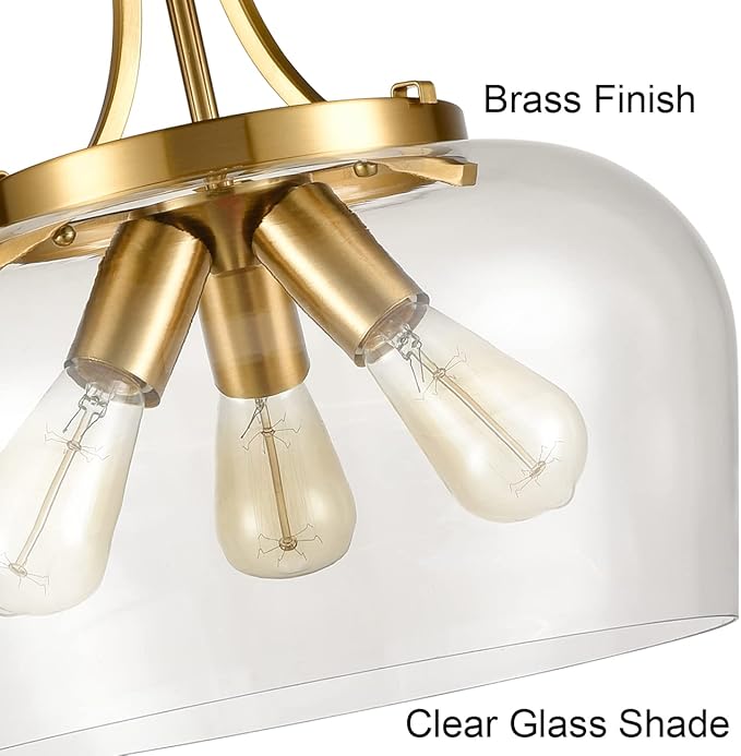 Modern Gold Pendant Light Mid Century 3-Light Clear Glass Pendant Lighting with Adjustable Chain Brass Glass Pendant Lights Kitchen Island for Dining Room Bedroom Living Room