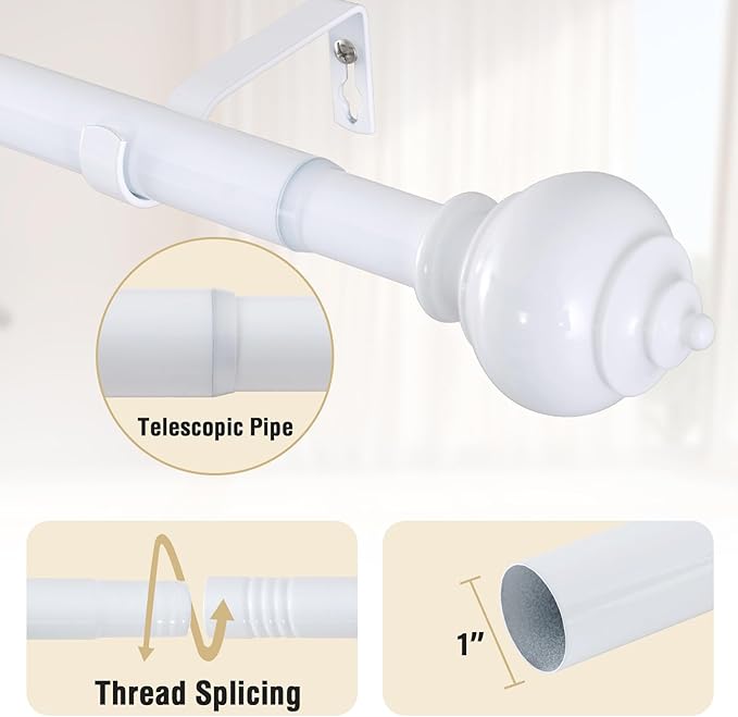H.VERSAILTEX Curtain Rods for Windows 16.2 to 59.4 Inches 1 inch Diameter Adjustable Decorative Telescoping Curtain Rod with Brackets Heavy Duty Splicing Window Rods with Decorative Finials, White