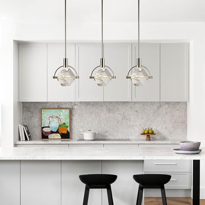 Modern Crystal Pendant Lighting, Brushed Nickel Kitchen Island Pendant Hanging Light Fixture, Cube Crystal Single Light Fixture Dimmable Chandelier for Dining Room, Vanity, Bathroom